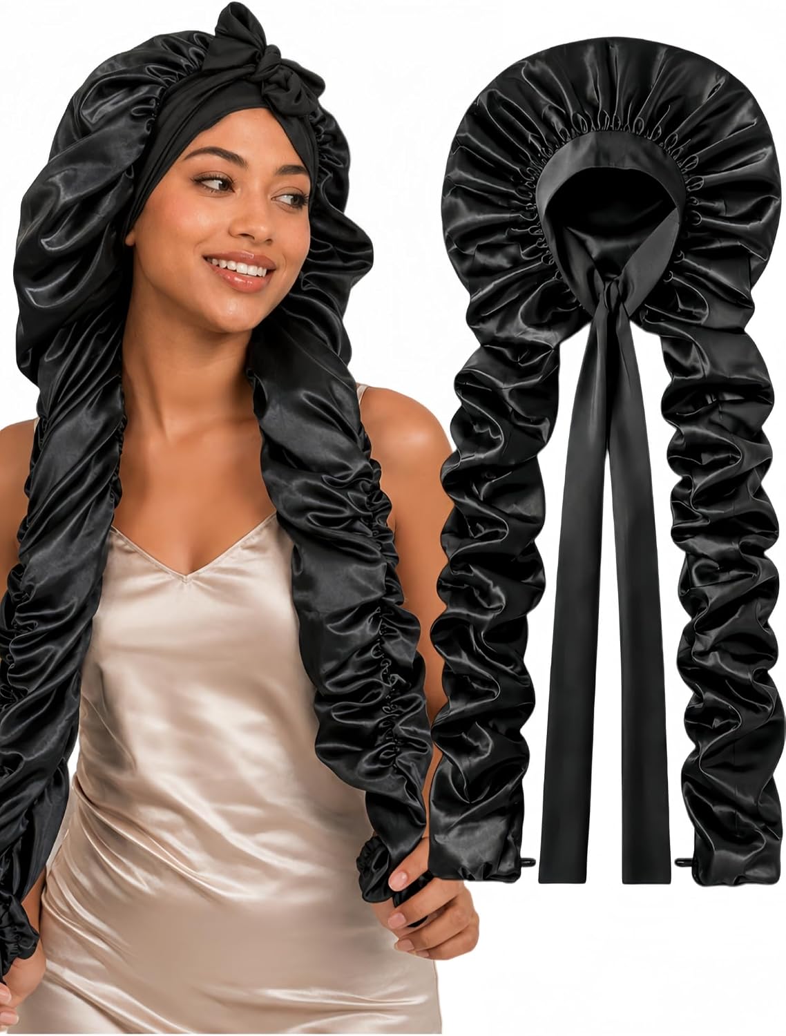 Double Layer Slik Like Satin Bonnet, 33-43" XL Bonnet for Braids Long Hair | Samurai Wrap Sleeping Cap Heatless Curl Bonnet for Long Hair, Braids, Locs, Dreadlocks, Boho