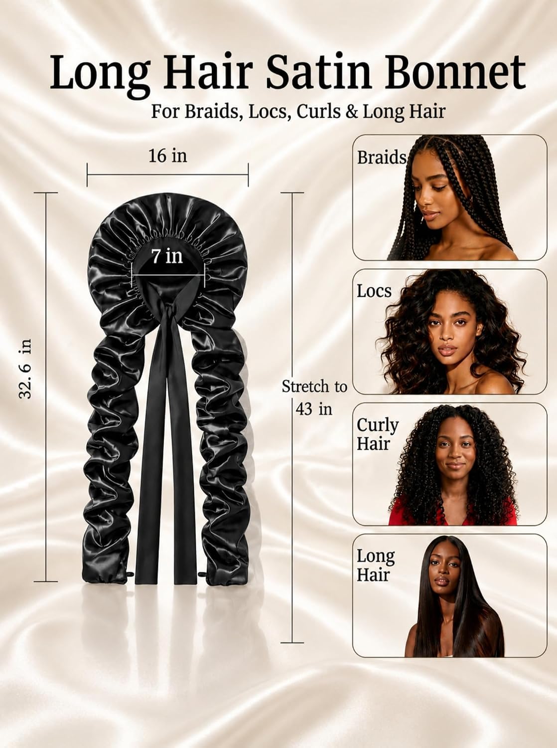 Double Layer Slik Like Satin Bonnet, 33-43" XL Bonnet for Braids Long Hair | Samurai Wrap Sleeping Cap Heatless Curl Bonnet for Long Hair, Braids, Locs, Dreadlocks, Boho