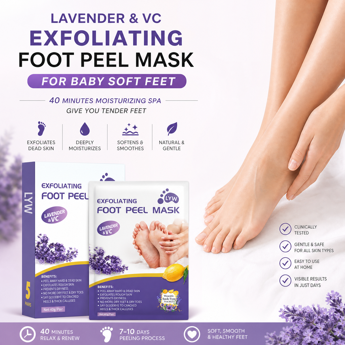 Rio Exploiting Lavender Foot Peel Mask For -Men and Women, 5 & 2 pair pack